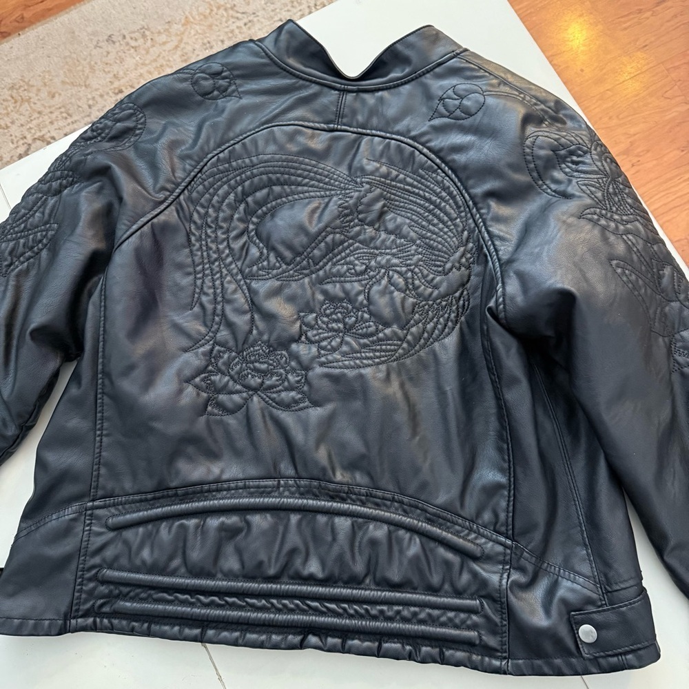 Whimsigoth Biker Moto Chic Faux Leather Jacket Floral Embroidered Edgy Rocker - Picture 3 of 7